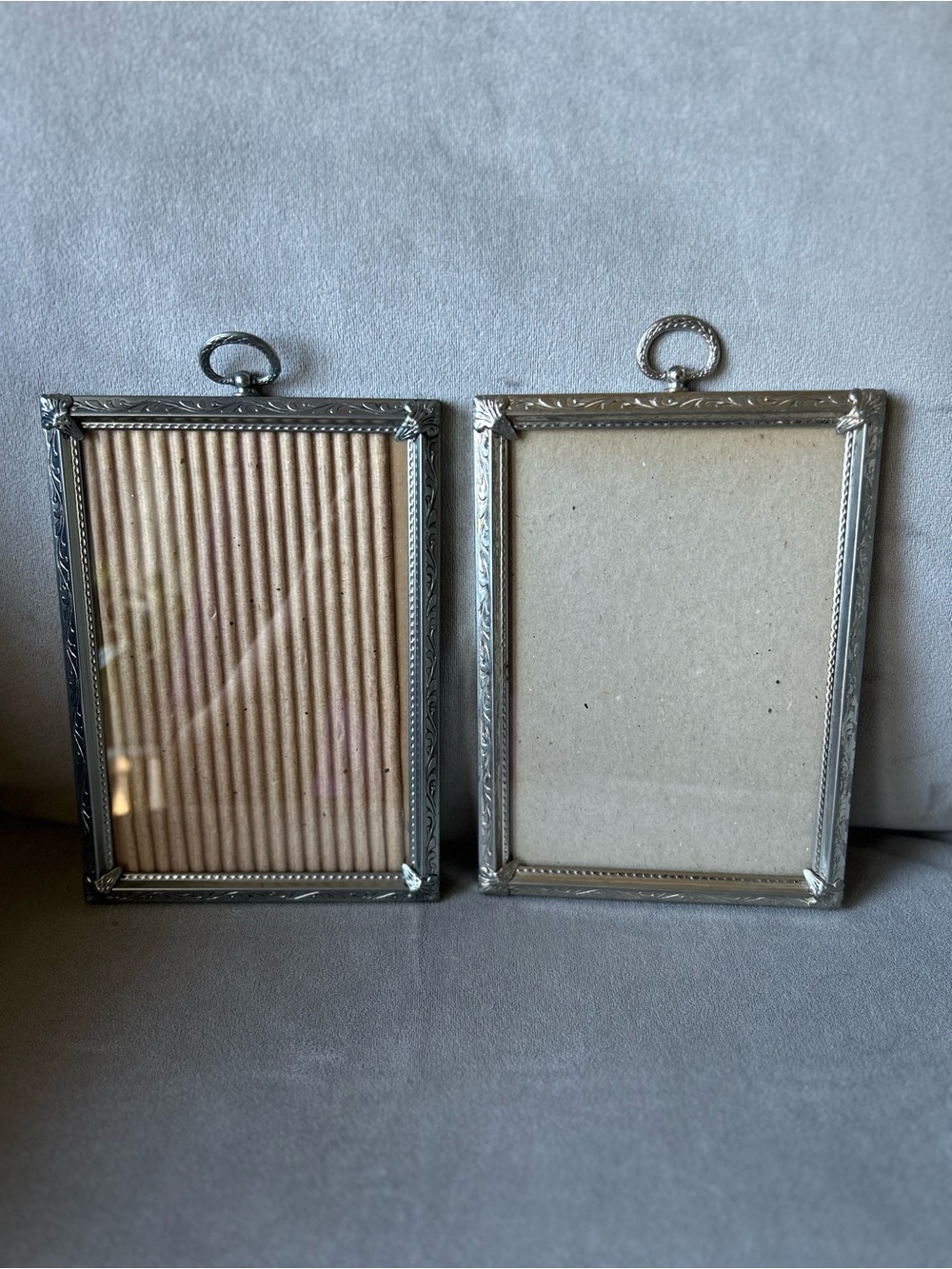 Set of 2 Vintage Victorian Style Silver Embossed Picture Frames Loop Top Pair